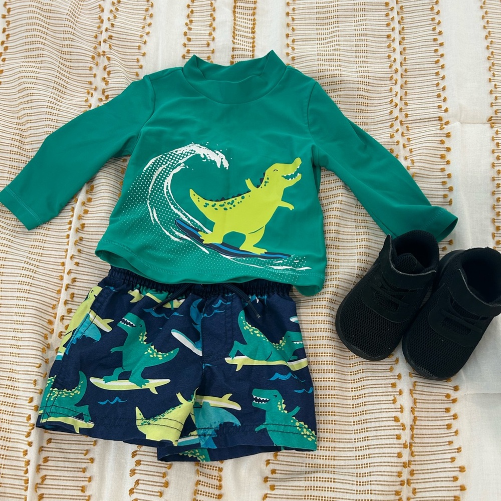 Carter's Green Swim Outfit and Nike Tennis Shoes